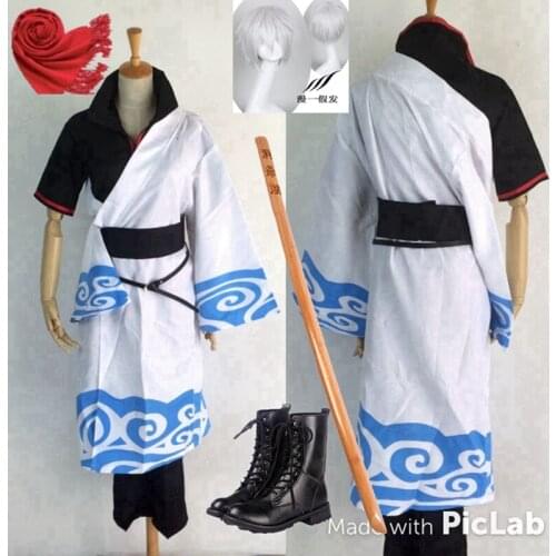 JP Anime Gintama Cosplay Costume Halloween Dress Adults Sakata Gintoki Cosplay Costumes Wig Shoes Boosts Party role play for men