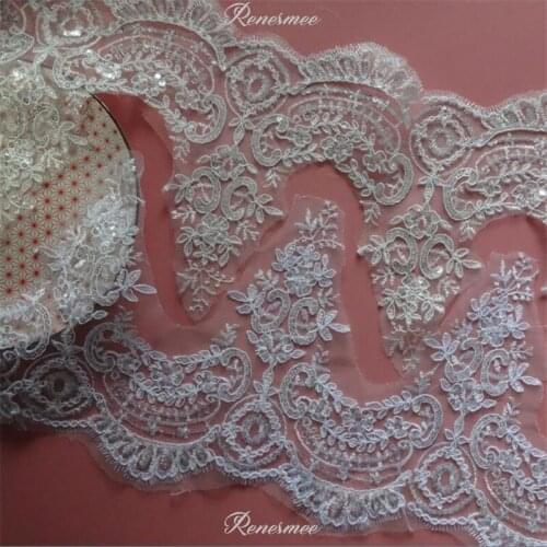 Delicate 1Y White/Ivory Cording Fabric Sequins Flower Venise Venice Mesh Lace Trim Applique Sewing Craft for Wedding Dec. 21cm