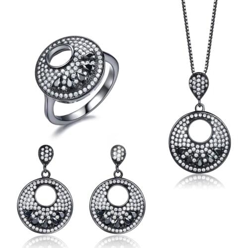 UMCHO Black Elegant 925 Sterling Silver Round Necklaces Rings Earrings Wedding Jewelry Sets For Women With Box Chain