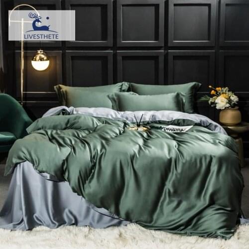 Liv-Esthete Beauty Luxury 100% Silk Bedding Set Green Gray Super Soft Quilt Cover Flat Sheet Pillowcase Queen King Bed Set