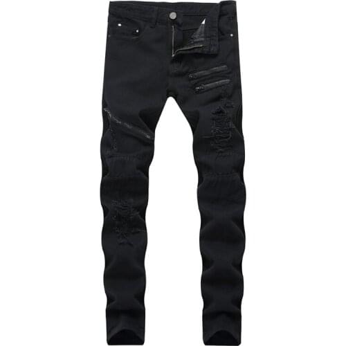 Men Ripped Multiple zipper design Straight Biker Jeans Fashion man Stretch Slim fit Cotton black Hole Distressed Denim Trousers