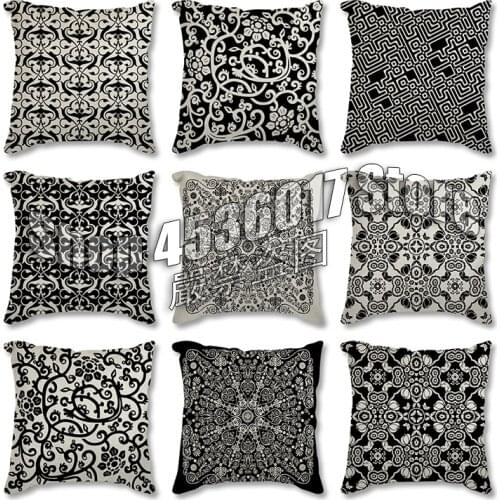 Flowers Pattern Cushion Cover 45*45cm Polyester Black Geometric Pillow Cover Pillows Home Decoration Throw Pillowcase Car Pillow