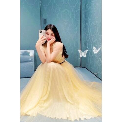 Summer New Arrival Light Yellow Bow Wasited Dresses Tulle Skirt Elegant Temperament Quality