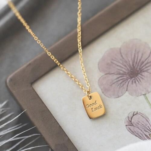 Gold Color Stainless Steel Necklace Good Luck Letter Square Pendant Necklaces for Women Jewelry Wedding Gift Collier YNC154