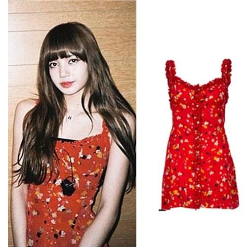 Kpop korean Celebrity Summer Red Floral V-neck Dress women Sexy slim Mini Dress Fashion Casual Party female Harajuku Dresses