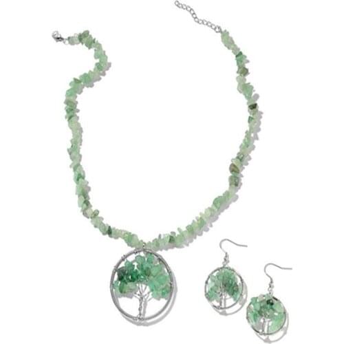 Silver Plated Tree of Life Green Aventurine Pendant Irregular Shape Stone Chain Necklace Earrings Lapis Lazuli Jewelry Sets