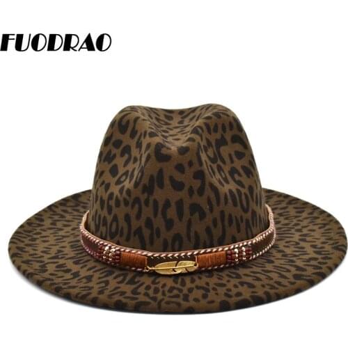 FUODRAO New Leopard Print Fedoras Hat Women Wool Felt Wide Brim Jazz Hat Vintage Classic British Jazz Hat Chapeau Femme F30