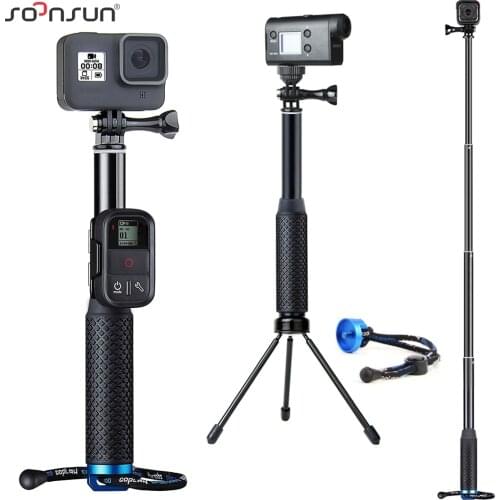 SOONSUN Aluminum Extendable Diving Monopod Pole Stick with 1/4'' Tripod Mount Adapter + Remote Clip for GoPro Hero 9/8/7/6/5/4/3