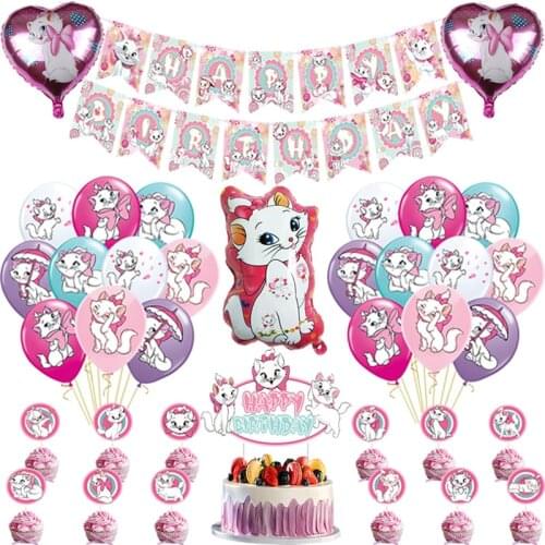 1set Marie Cat Theme Rose Pink Balloons Princess Baby Girls Happy Birthday Party Decoration Cartoon Animal Pet Foil latex Ballon