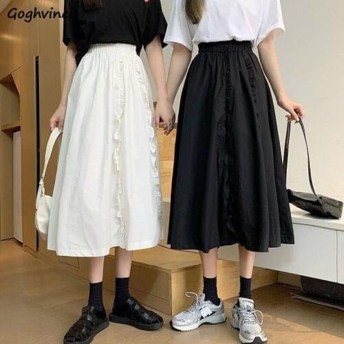 Skirts Womens Solid Mid-calf Edible Tree Fungus Student High Waist Simple Tender Preppy Style A-line Stylish Daily Leisure Ins