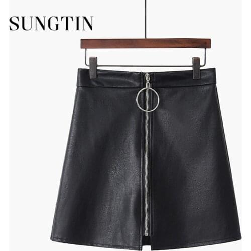 Sungtin Brand White Black Leather Skirt Women PU High Waist Mini Skirts Womens Spring Summer A-Line Zipper Female Good Quality