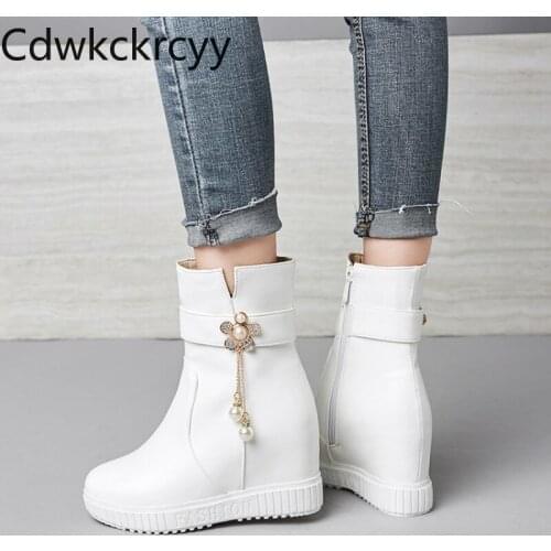 Winter The New fashion Round head Increase within Martin boots white sweet Plus velvet Keep warm High heel Women boots 34-43