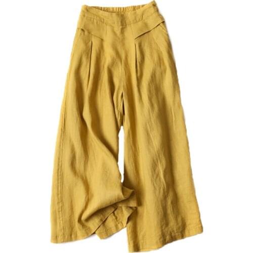 Women Xl Wide Leg Pants High Waist Linen Cotton Carrot Trousers Yellow Retro Chinese Traditional Pants Casual Solid Color 2021