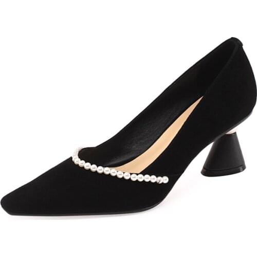 Osunlina Genuine Leather Woman Pumps Elegant Pearl Decoration Slip On High Heels Square Toe Handmade Kid Suede Shoes A338
