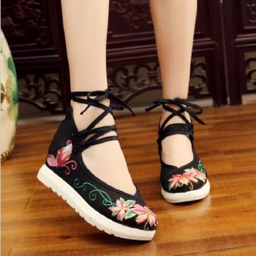 Spring Autumn Women Canvas Increasing Height Lace-Up Shoes China Style Retro Vintage Embroiders Wedges Shallow Lady Shoes 190530