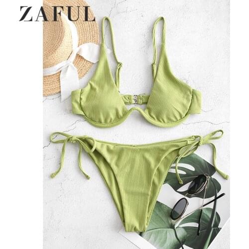 ZAFUL Sexy Women Monowire Bikinis Set Ribbed Textured Tie Side Underwire Swimsuit Low Waist Summer Push Up Swimwear Female Beach