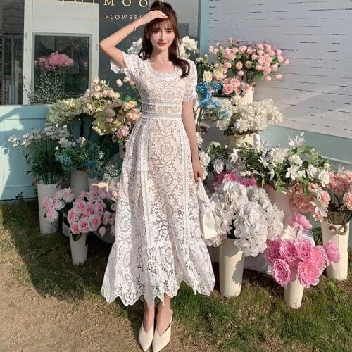 2021 New Summer Water Soluble Hollow Out Lace Dress Women Vintage O Neck Short Sleeve High-Waisted Mermaid Dress