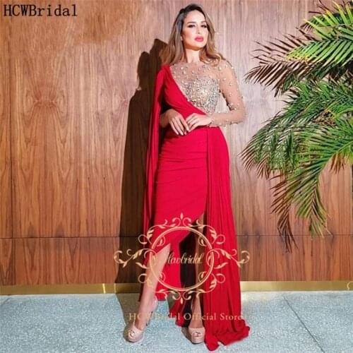 Sexy Red See Though Long Sleeve Prom Dresses With Long Cape Sheath Crystal Plus Size Special Occasion Women Dress Robe Soiree