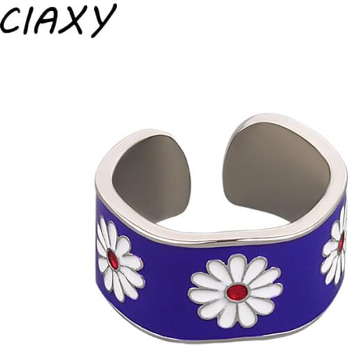 CIAXY 925 Sterling Silver Retro Enamel Glaze Small Daisy Wide Ring Ins Tide Simple Index Finger Ring Female Popular Jewelry