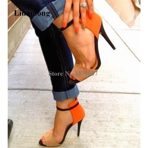 Ladies New Fashion Open Toe Patchwork Color Suede Leather Thin Heel Sandals Ankle Strap 10cm High Heel Sandals Dress Shoes