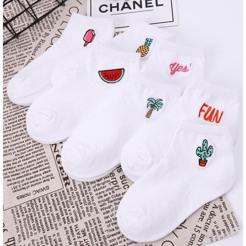 Funny Korean Boys Girls Cotton Socks School Kids Crew Sox White Watermelon Cactus Pineapple Fruit Pattern Casual Sweet Cute
