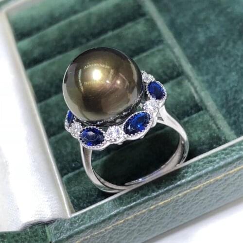 D327 Pearls Rings Fine Jewelry 925 Sterling Silver Natural 13-14mm Fresh Water Peacock Green Black Pearl Rings for Women