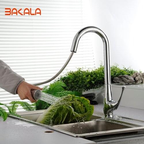 BAKALA torneira cozinha Chrome Finished Pull Out& Swivel Kitchen Sink Faucet Taps robinet cuisine LH-8117