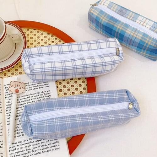 Sweet Lovely Plaid Pattern Pencil Case Kawaii Funny Cartoon Large Capacity Pencil Bag Students School Supplies Stationery