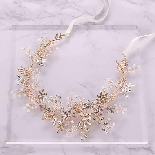 Fashion Gold Rhinestone Crystal Bride Hairbands Pink Flower Leaf Headband Tiara Headdress Wedding Hair Jewelry Accessories SL