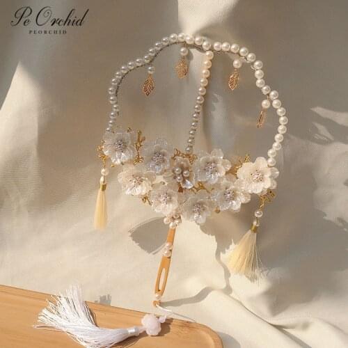 PEORCHID Chinese Traditional Wedding Fan Bridal Bouquet Handmade Beaded Flowers Hanfu Photograph Dance Lolita Hand Held Fan