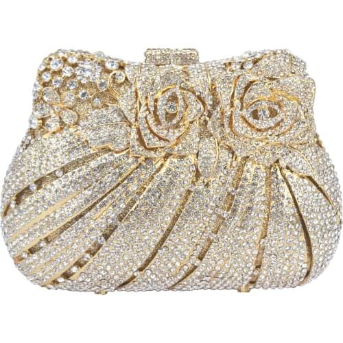 Golden Flower Luxury Crystal Evening Bag Rose Diamond Banquet Bag Sparkly Diamante Wedding Party Purse Pochette Clutch Bag 88176