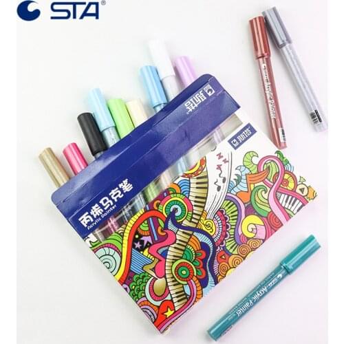 STA 1000 12 Colors Acrylic Art Markers Water-based Pigment Ink Multifunction DIY Paint Marker Pens for Ceramic Glass Wood Fabric