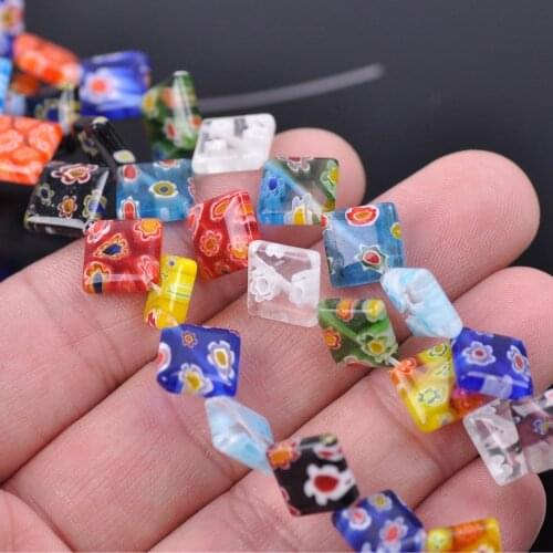 Diagonal Square Shape Mixed Flower Patterns 10mm 14mm Millefiori Glass Loose Beads for DIY Crafts Jewelry Making Findings