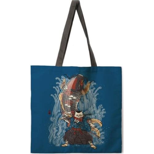 Guofeng Anime Printing Tote Bag Linen Fabric Bag Leisure Folding Shopping Bag Outdoor Beach Bag Daily Handbag