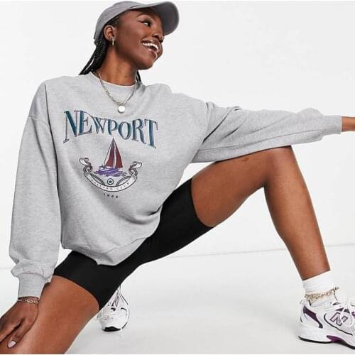 Gray Vintage Letter Print Oversized Sweatshirt Women Long Sleeve Loose Casual Pullovers New Autumn Gothic Fashion Tops Sudaderas