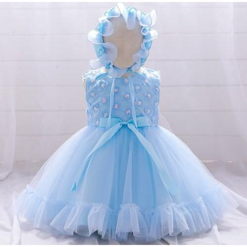 Lolita Baby Dress For Girls 1st Year Birthday Elegant Blue Tutu Party Wedding Dress Newborn Clothing Toddler Christening Gowns