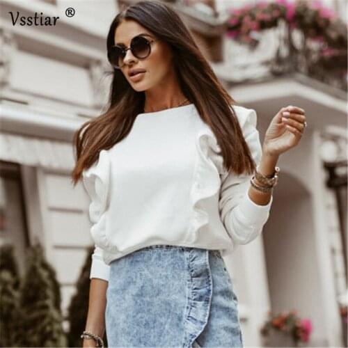 Winter Ruffles T-Shirt Women Long Sleeve Sexy O Neck Cotton Tops Plus Size 2020 Autumn Casual Solid Ladies Clothes Tees