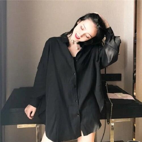 2021 Spring Streetwear Long Sleeve Chiffon Oversize Black White Women Shirt Button Up Loose Ladies Blouses Female Long Shirts