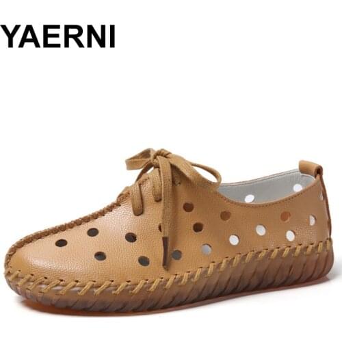 YAERNI 100% Genuine Cowhide Women White flats New Handmade Female Casual shoes Comfortable Moccasin Fashion Soft sole Driving Sh