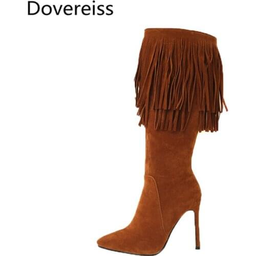 Dovereiss Fashion Womens Shoes Winter Elegant Pointed toe Ladies Boots Fringed Concise MatureStilettos heels Knee high boots