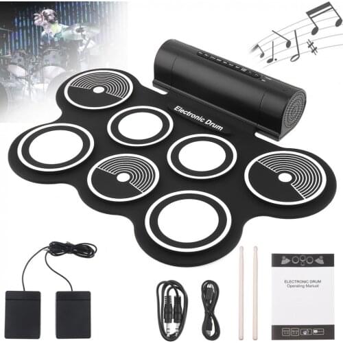 7 Pads Electronic Roll up Silicone Drum Double Speakers Stereo Electric Drum Kit with Drumsticks and Sustain Pedal
