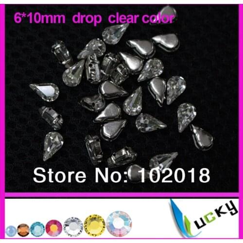 Freeshipping!100pcs 6*10mm point back slim drop Sew on rhinestone clear fancy strass crystal with metal claw for wedding dress