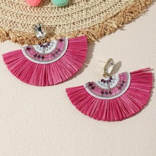 Bohemian Ethnic Raffia Embroider Alloy Earrings Fashion Tassel Fan Pendant Earrings Girl Christmas Gift for Women Girl
