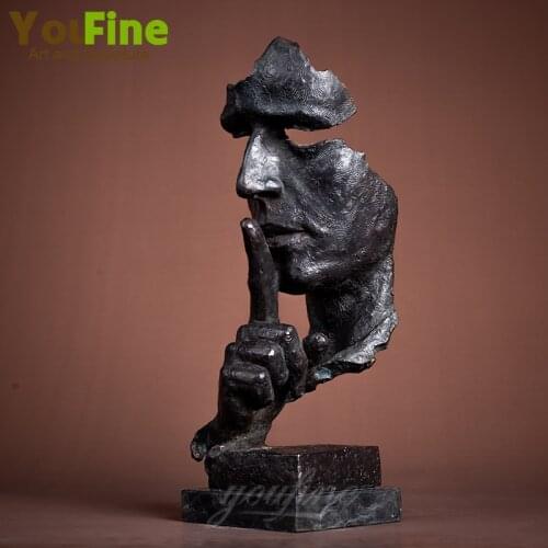 13“ Keep Silence Man Bronze Sculpture Bronze Statue Man Face Keep Silence Human Head Bust Art Figurine For Home Office Decor
