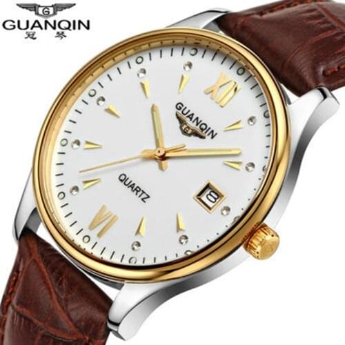 GUANQIN Luxury fashion watch Genuine leather strap Men watch Top Brand classic dress watches waterproof men quartz wristwatches