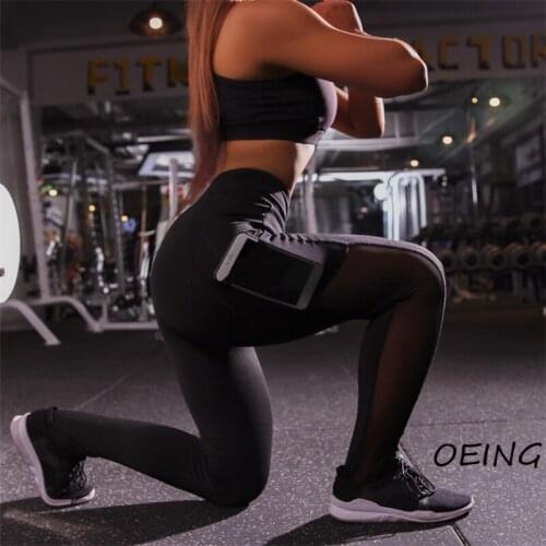 Black Breathable Stretchy Seamless Sport Leggings with Pocket Workout Clothes Mesh High Waist Trousers