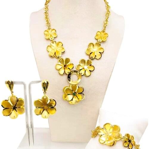 Flower Copper Trendy New Arrivals Jewelry Sets Long Drop Earrings Pendant Lace Bracelet For Party Women Gift Italian Gold