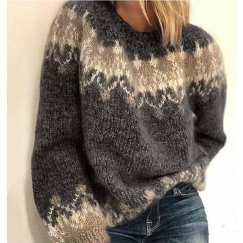 Vintage women sweater elegant O-neck long sleeve female pullover sweaters winter thick warm loose patchwork lady knitted sweater