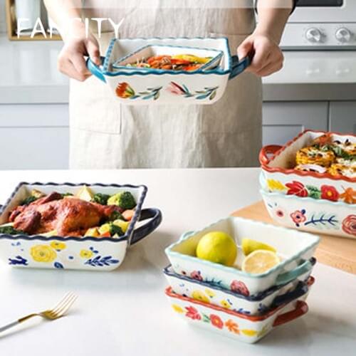 FANCITY Ceramic Baking Pan Baking Cheese Baked Rice Plate Microwave Oven Special Tableware Creative Baking Bowl Vegetable Plate