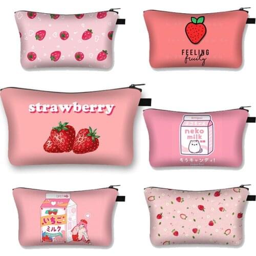 Harajuku Kawaii Strawberry Milk Print Makeup Bag Lolita Girl Cosmetic Bags Portable Clutch Bag Mini Makeup Bags Organizer